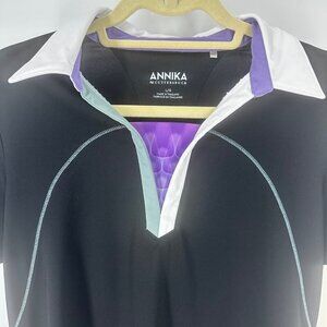 Annika Ladies Black Golf Polo Shirt With White & Purple Accents Short Sleeves Si